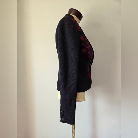 TORY BURCH Navy Wool Fitted Blazer With Red Floral Embroidery. Size XS - Picture 5 of 12